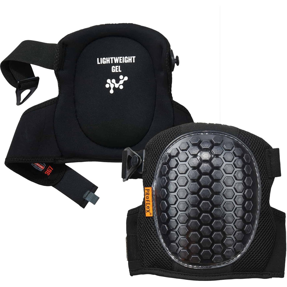 EGO18467 - The 367 Rounded Cap Lightweight Gel Knee Pads protect your knees from scrapes, bruises and minor injuries while working. Short cap enhances stability to prevent wobbliness on knees. Rounded design creates the highest degree of mobility for rocking and leaning. Pads are cushioned with lightweight gel and EVA foam for all-day comfort without the bulkiness of heavier knee pads. Rubber cap grips surfaces to prevent slipping while kneeling on the job. Pads stay in place with locking buckles to prevent them from constantly sliding around or coming undone. Elastic, top strap adds comfort behind your knee. Bottom neoprene strap has breathable, perforated holes to provide airflow and minimize sweat behind your knees. Easily adjust straps to fit your comfort level. Knee pads are perfect for workers in construction, HVAC, flooring, landscaping and more.