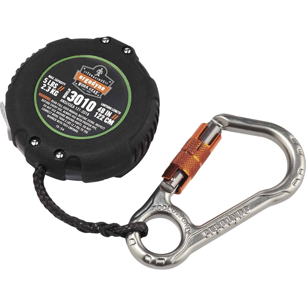EGO19310 - Retractable Tool Lanyard with Belt Loop Clip is a lightweight and extremely durable tethering solution designed to mount to your belt or the webbing of a fall protection harness. Lanyard tethers tools weighing up to 0.5 lb. (0.23 kg) in a retracted state. It prevents tools weighing 5 lb. (2.26 kg.) from falling when working at heights. Aluminum carabiner with double-action, self-locking gate connects to tools. Fixed, belt loop mount slips onto rated belts up to 2" wide. Retractable cord is made of high-strength, cut-resistant Dyneema with a protective sleeve over the exposed cord to reduce wear and tear. Durable, ABS plastic housing is textured for better grip and protects the internal workings of the retraction. Tapered cord exit limits concrete and other debris from entering. Retractable cord reaches up to 48" (122 cm). Trigger switch locks cord in place. Lanyard is tested and approved to ANSI/ISEA 121 standard for tool safety while at heights to prevent dropped objects.