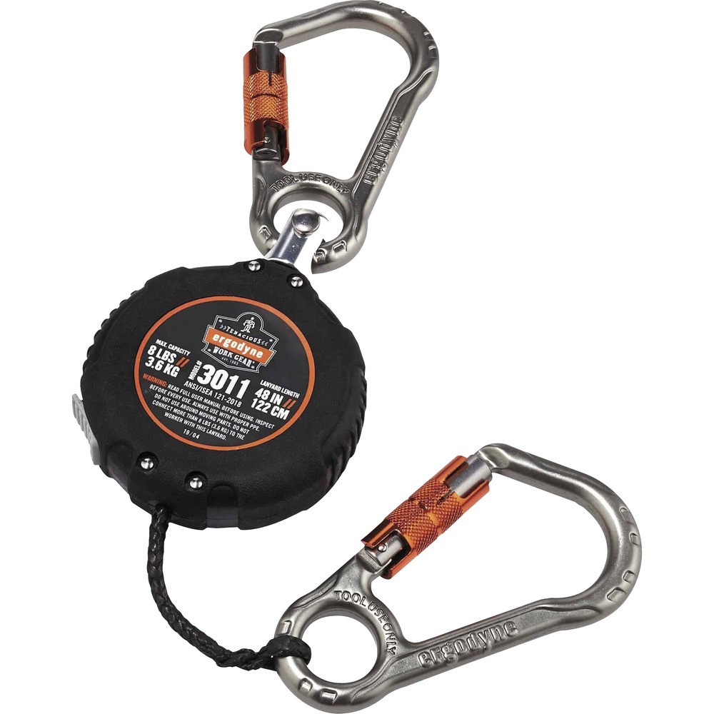 EGO19311 - Retractable Tool Lanyard with Carabiner Mount is a lightweight and durable tethering solution designed to mount to your D-ring, belt or another anchor point. Using a retractable lanyard limits potential snag hazards. Lanyard tethers tools weighing up to 0.5 lb. (0.23 kg.) in a retracted state. It prevents tools weighing 8 lb. (3.6 kg.) from falling when working at heights. Aluminum carabiner with double-action, self-locking gate connects to tools. Swiveling anchor end rotates tools to reduce tangles. Retractable cord is made of high-strength, cut-resistant Dyneema with a protective sleeve over the exposed cord to reduce wear and tear. Durable, ABS plastic housing is textured for better grip and protects the internal workings of the retraction. Tapered cord exit limits concrete and other debris from entering. Retractable cord reaches up to 48" (122 cm). Lanyard is tested and approved to ANSI/ISEA 121 standard for tool safety while at heights to prevent dropped objects.