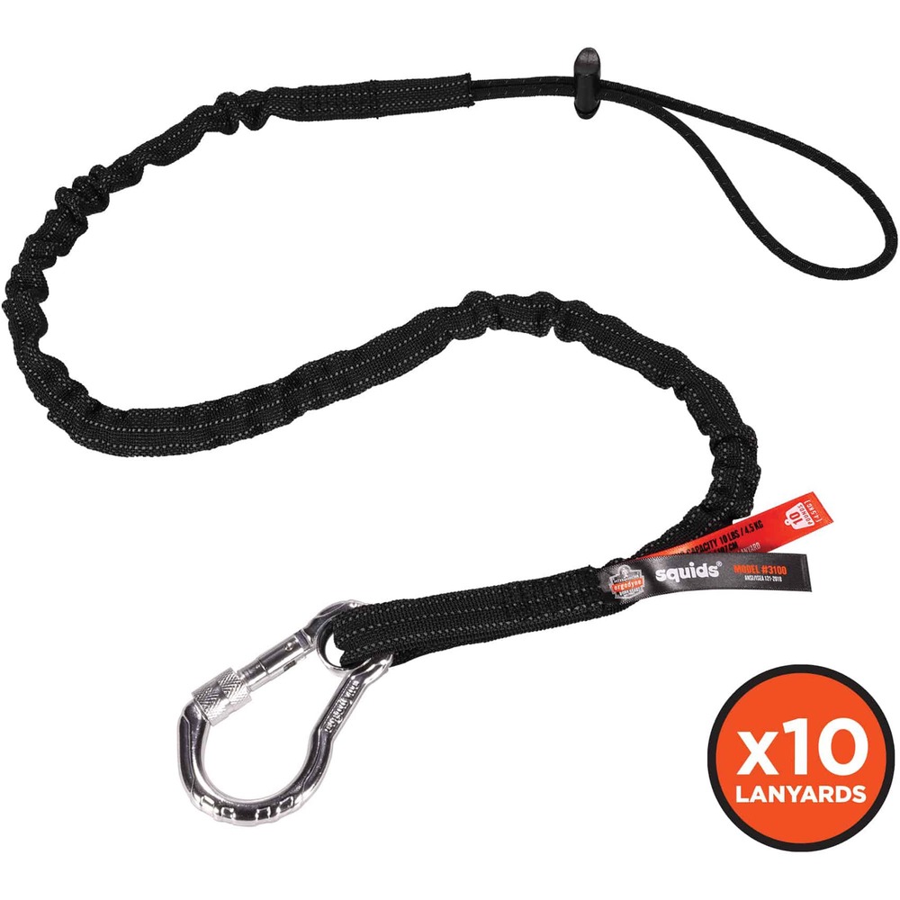 EGO19202 - These Single Carabiner Tool Lanyards feature a single-action, aluminum carabiner and cinch loop to tether tools up to 10 lb. (4.5 kg.), preventing dropped or falling objects while at heights. Carabiner with captive eye predicts load direction to avoid carabiner/lanyard disconnection. Shock-absorbing, tubular nylon webbing and lock stitching add an extra layer of security at both ends. Lanyards are third-party certified for 10 lb. maximum capacity and meet ANSI/ISEA 121-2018 standard to prevent dropped objects. Lanyards extend 35" to 45". They are perfect for jobs involving heights including construction, telecommunication, oil/gas, power generation, utilities, wind energy, manufacturing and more.
