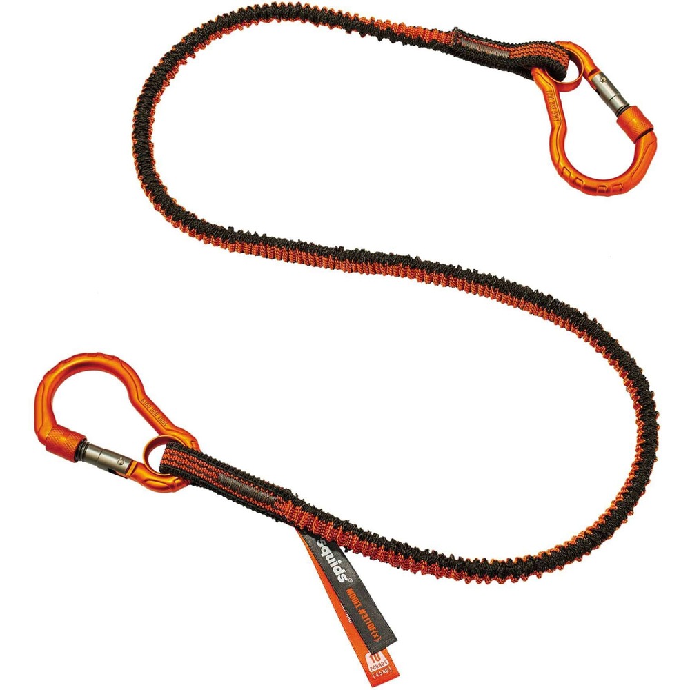 EGO19822 - Tool Lanyards with Dual Carabiners feature anodized aluminum alloy carabiners with double-action locking gates and inherent captive eyes to prevent tools up to 10 lb. from dropping. Shock-absorbing lanyards are designed and tested to reduce the force on your body if a drop occurs by absorbing the energy transmitted through the lanyard. Design prevents the tool from pulling you down by reducing shock load. Low-profile structure minimizes snag hazards. Lanyards are made from durable, 1680D polyester and elastic-blended webbing with high-strength, three-ply nylon stitching to secure connecting ends for lasting durability. Lanyards extend from 38" to 48". They meet ANSI/ISEA 121-2018 standard for dropped object prevention. Use lanyards for tool tethering in construction, telecommunications, oil and gas, utilities and other industries.