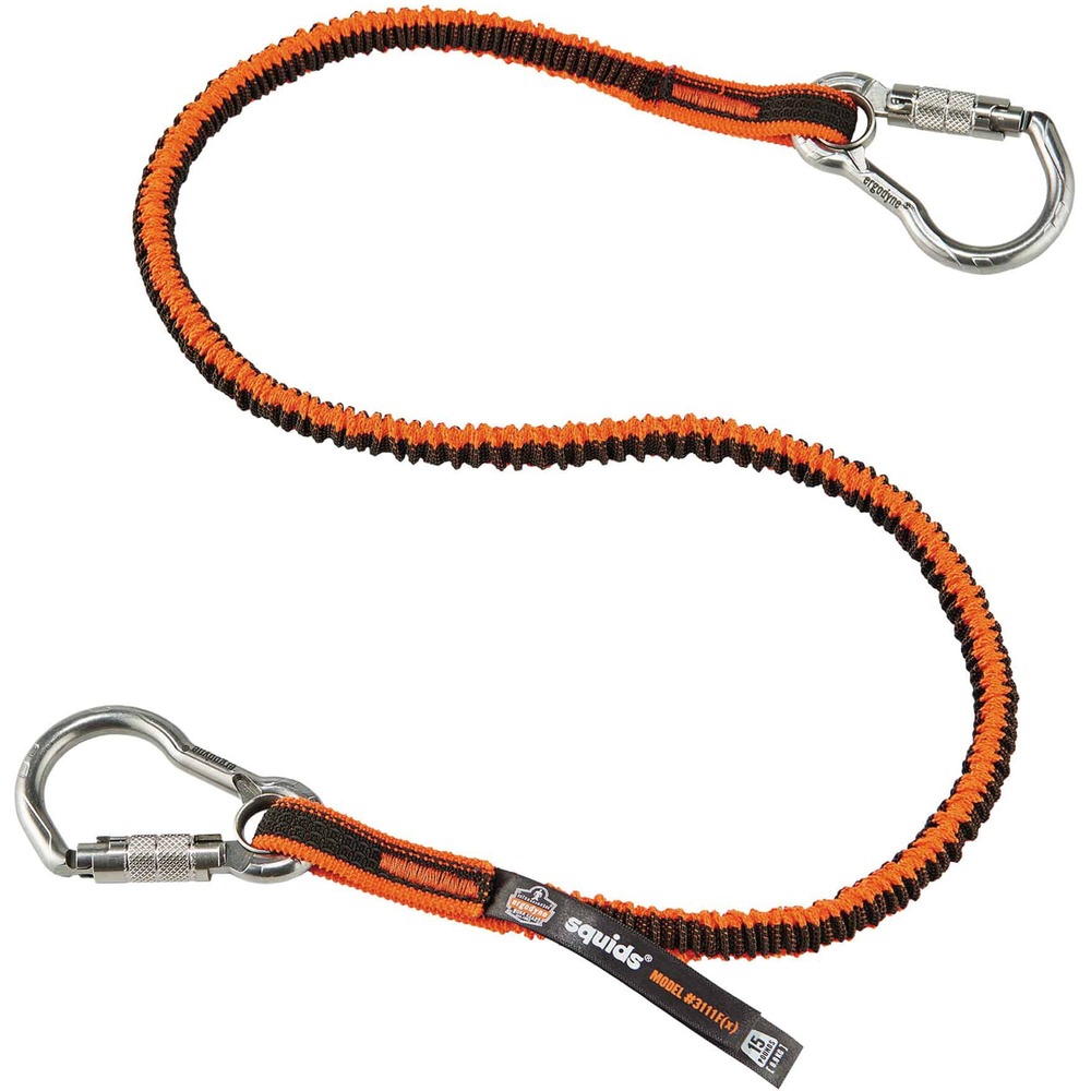 EGO19823 - Tool Lanyards with Dual Carabiners feature stainless steel, auto-locking carabiners with double-action locking gates and captive eyes to prevent tools up to 15 lb. from dropping. Corrosion-resistant carabiners provide secure connections in corrosive environments. Shock-absorbing lanyards are designed and tested to reduce the force on your body if a drop occurs by absorbing the energy transmitted through the lanyard. Design prevents the tool from pulling you down by reducing shock load. Low-profile structure minimizes snag hazards. Lanyards are made from durable, 1680D polyester and elastic-blended webbing with high-strength, three-ply nylon stitching to secure connecting ends for lasting durability. Lanyards extend from 38" to 48". They meet ANSI/ISEA 121-2018 standard for dropped object prevention. Use lanyards for tool tethering in construction, telecommunications, oil and gas, utilities and other industries.