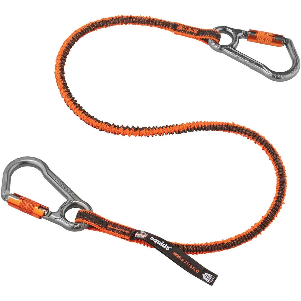 EGO19828 - Tool Lanyards feature anodized aluminum alloy carabiners that are with dual locking and feature double-action locking gates. Inherent captive eyes prevent tools up to 15 lb. from dropping. Ergonomic carabiners are designed for easy gripping and handling with gloves. Shock-absorbing lanyards are designed and tested to reduce the force on your body if a drop occurs by absorbing the energy transmitted through the lanyard. Design prevents the tool from pulling you down by reducing shock load. Low-profile structure minimizes snag hazards. Lanyards are made from durable, 1680D polyester and elastic-blended webbing with high-strength, three-ply nylon stitching to secure connecting ends for lasting durability. Lanyards extend from 38" to 48". They meet ANSI/ISEA 121-2018 standard for dropped object prevention. Use lanyards for tool tethering in industries including construction, telecommunications, oil and gas, utilities and more. They are third-party certified with a 2:1 safety factor.