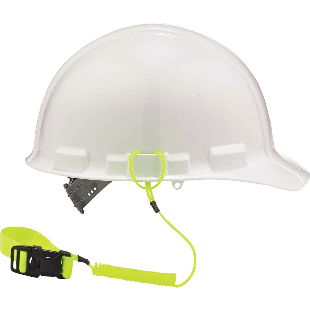 EGO19157 - Coiled Hard Hat Lanyards with Buckle securely tether hard hats, small hand tools and tape measures to prevent dropped objects when working at heights. Durable, double-locking buckle clips around captive connection points on fall protection harnesses, safety vests, tool belts, D-rings and more. Low-profile coil reduces snag or tangle hazards. Safety lanyards connect to the accessory slot or suspension on any hard hat (not included). Lanyards are third-party certified to hold a maximum of 2 lb. They meet ANSI/ISEA the 121-2018 standard for dropped object prevention. Tether your hard hat or small gear when working in construction, telecommunication, oil/gas, power generation, utilities, scaffolding and other industries.