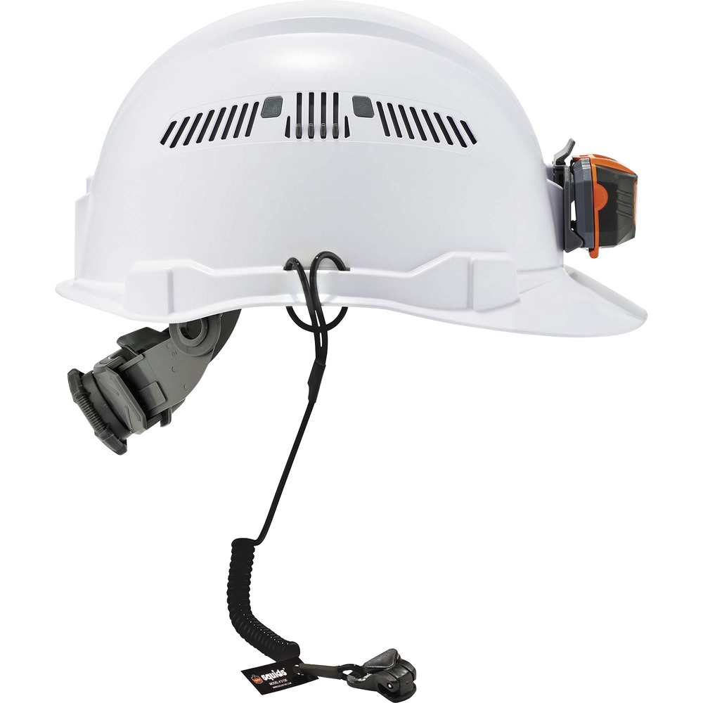 EGO19158 - Coiled Hard Hat Lanyards with Clamp securely tether hard hats, small hand tools or other gear weighing up to 2 lb. to prevent dropped objects when working at heights. Durable, quick-connect clamp easily anchors gear to shirts or collars. Low-profile coil reduces snag or tangle hazards. Lanyards connect to the accessory slot or suspension on any hard hat (not included).