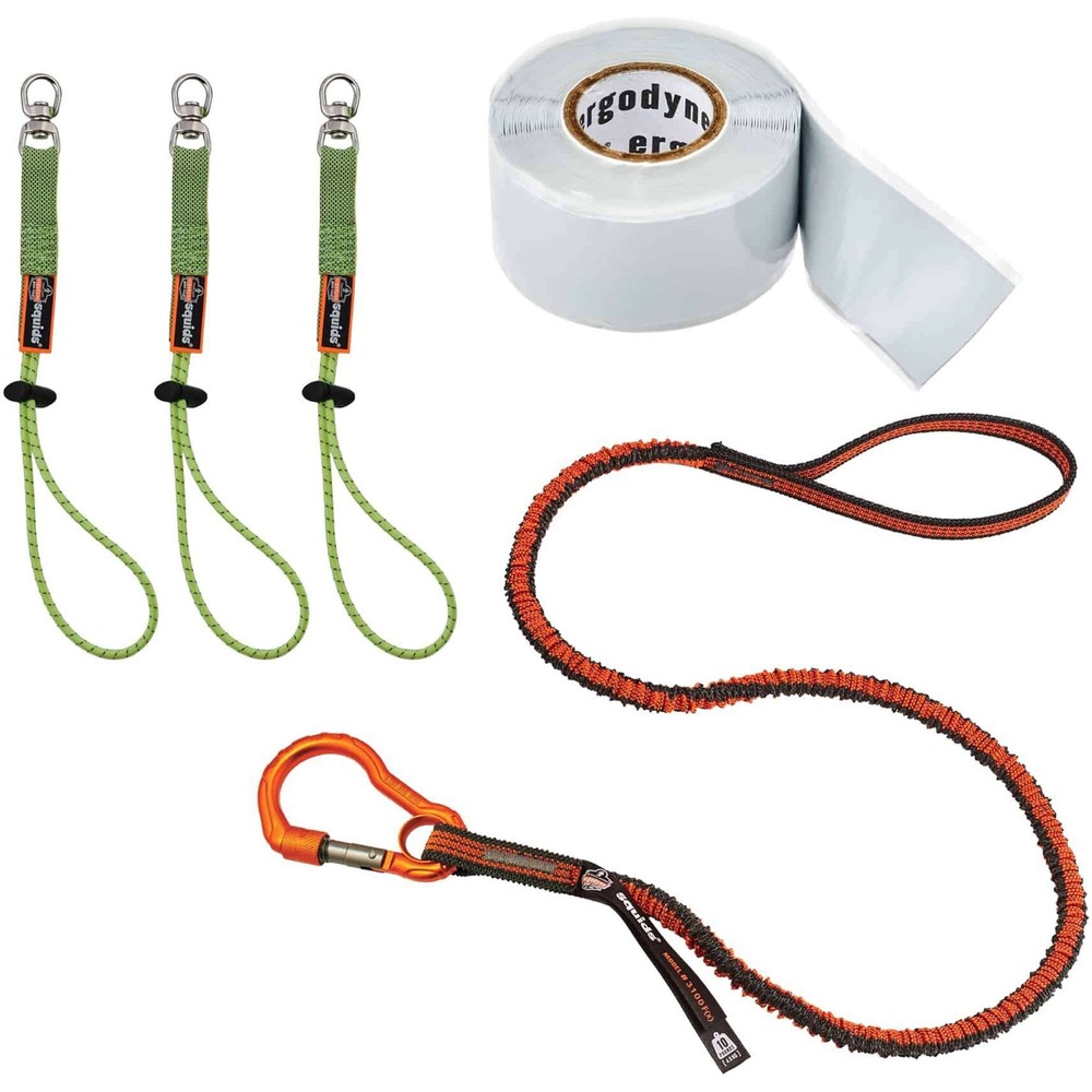 EGO19652 - 3182 Tool Tethering Kit allows you to tether up to three 10 lb. tools, helping to prevent dropped objects when working at heights. Kit includes a Squids Single Carabiner Tool Lanyard, Self-Adhering Tape Trap and three Swiveling Elastic Tool Tails. Tool lanyard features shock-absorbing properties to reduce the dynamic force on your body or other anchor points if a drop occurs. Anodized aluminum alloy carabiner with captive eye and manual-locking screwgate enhances safety. Treaded loop end grips the tool when attached. Tool attachments feature a plated, swivel connection and adjustable barrel lock. Self-adhering tape requires no heat to secure tool tails onto tools. Kit is tested and approved to ANSI/ISEA 121-2018 standard for dropped object prevention.