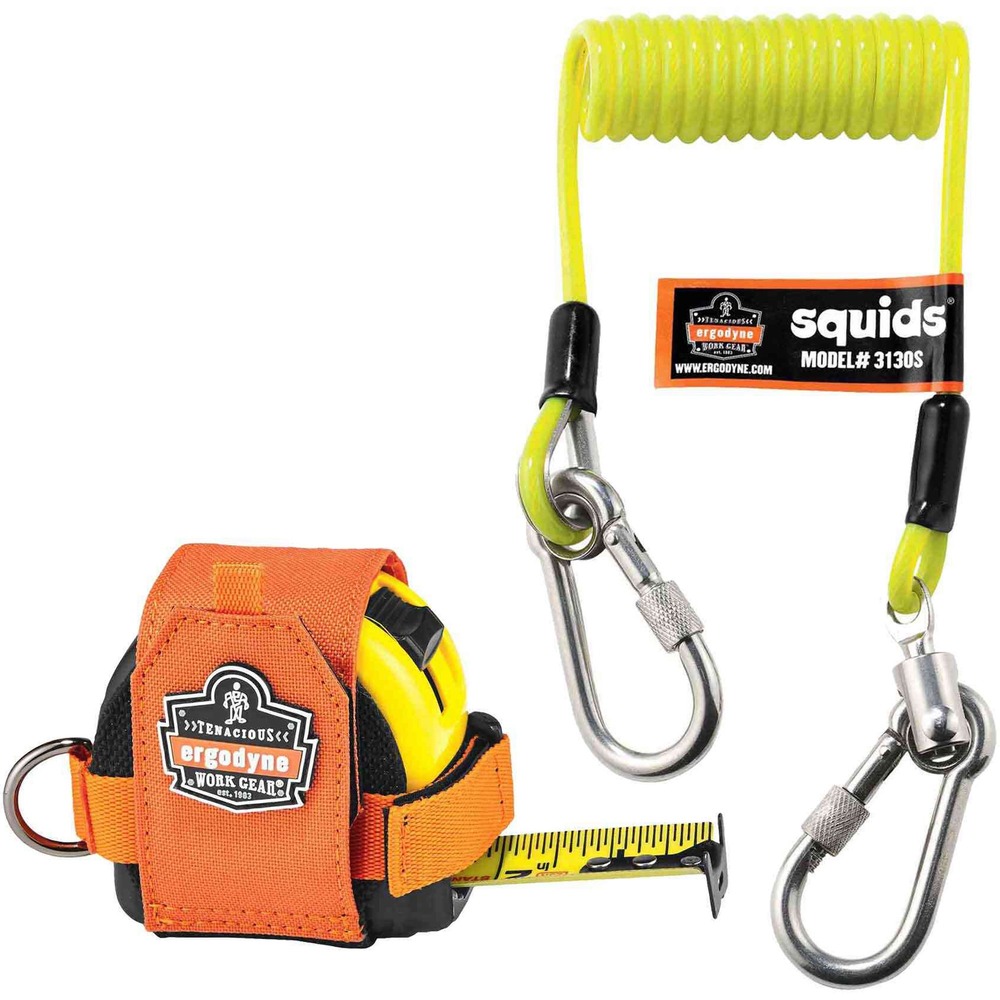 EGO19660 - 3190 Tape Measure Tethering Kit allows you to tether a standard tape measure with a maximum capacity of 2 lb., preventing dropped objects when working at heights. Kit includes a Squids 3130S Coil Lanyard and 3770 Tape Measure Trap. Holder is made with rugged, 1200D and 600D polyester material to ensure a long life in the toughest conditions. Hook-and-loop, adjustable straps accommodate a variety of tape measure sizes without limiting usability. Zinc-plated, cast alloy D-ring forms a connection point to securely attach to the coiled lanyard. Large size fits tape measures that extend from 16' to 35' long. Lanyard is constructed with polyurethane-covered, aircraft cable and stainless steel carabiners. Coiled design reduces snag hazards. Kit meets the ANSI/ISEA 121-2018 standard for dropped object prevention.
