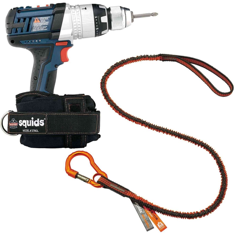 EGO19661 - 3191 Power Tool Tethering Kit allows you to tether a standard, 10 lb. power tool to prevent dropped objects when working at heights. Kit includes a Squids 3100F(x) Single Carabiner Tool Lanyard and 3789L Power Tool Trap. Shock-absorbing lanyard reduces the dynamic force on your body or anchor point if a drop occurs. Durable, 1680D polyester, elastic-blended webbing extends 38" to 48" long. Lightweight design reduces snag hazards and added weight. Treaded loop end grips the tool when attached to the trap's D-ring. Anodized aluminum alloy, manual-locking carabiner with locking screwgate enhances support. Tool trap fits cordless power tool batteries with maximum dimensions of 3-1/2" wide x 5" deep x 3-1/2" high. Two hook-and-loop straps secure the battery boot to the drill battery for safe, easy tethering. Water-resistant trap is made with strong, 1000D nylon for optimal durability. Kit meets the ANSI/ISEA 121-2018 standard for dropped object prevention.