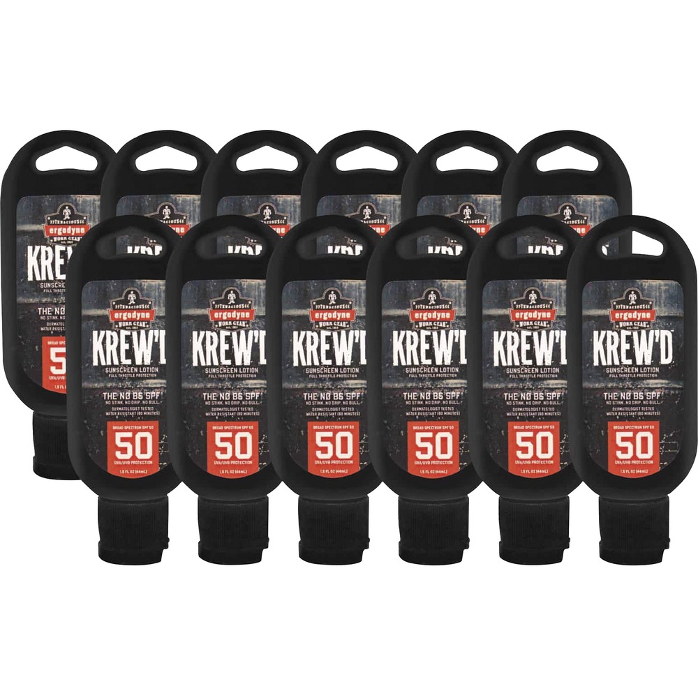 EGO16632 - This FDA-approved, 6352 SPF 50 Sunscreen Lotion (1.5 oz bottle) contains a sweat-resistant, water-resistant, sport formula that protects your skin from the sun for up to 80 minutes. It shields the body from harmful, UVA and UVB rays and is a preventative measure for cancer-causing agents. Once evenly applied and dried, the lotion will not run into your eyes or cause issues while working. Formula contains no parabens, phthalates, octinoxate or oxybenzone or added scents to avoid harmful ingredients that bother the skin. Lotion is hypoallergenic and doesn't cause breakouts on sensitive skin. Wait 15 minutes before going into the sun to prolong the effectiveness of the sunscreen. This process provides time for the skin to quickly absorb the lightweight, nongreasy formula. It is great for work or outdoor activities. This small bottle of lotion provides a simple, convenient way to carry and apply sunscreen. Tie it on your belt loop all day with the connection point feature.