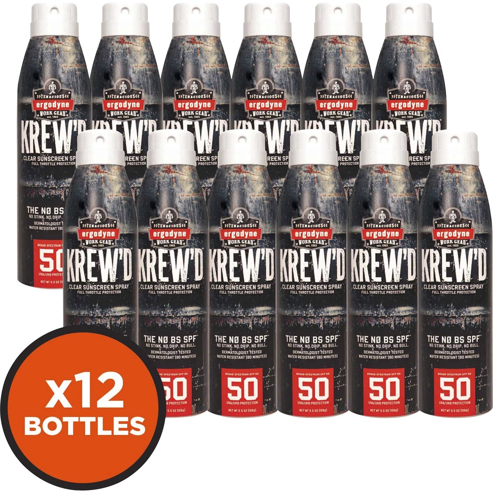 EGO16639 - 6353 SPF 50 Sunscreen Spray is made with a FDA-approved, sweat-resistant, water-resistant sport formula that protects your skin from the sun for up to 80 minutes. It shields the body from harmful UVA and UVB rays and is a preventative measure for cancer-causing agents. Spray application is a convenient and easy way to evenly cover your skin. Once dried, it will not run into your eyes and cause issues while working. It does not contain parabens, phthalates, octinoxate, oxybenzone or added scents to avoid damaging ingredients. Sunscreen is hypoallergenic and does not irritate sensitive skin. When applying, spray exposed skin and wait 15 minutes before going into the sun. This process provides time for the skin to quickly absorb the lightweight, nongreasy formula. Reapply with spray to remain protected from the sun. This sunscreen is great for sun-exposed workers including those in construction, agriculture, transportation and more.
