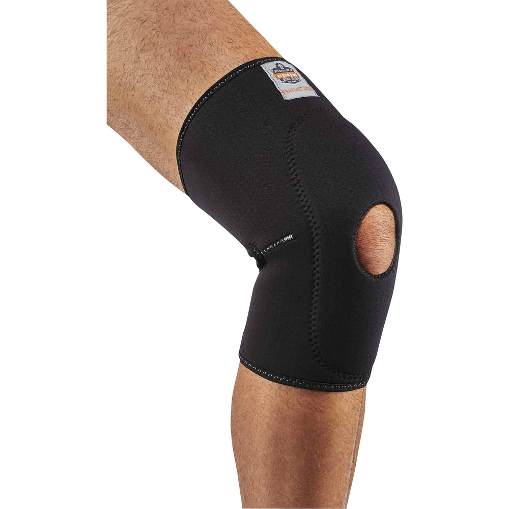 EGO16535 - Wear the 615 Single Knee Compression Sleeve with Open Patella on and off the jobsite for comfortable knee and joint support. Brace reduces joint pain and swelling by increasing blood flow to the knee and enhancing joint flexibility. Perforated neoprene and mesh crease enhance airflow to minimize sweat production under sleeve. Comfortable, nonrestricting material doesn't hinder your range of motion. Additional, anterior padding around the kneecap enhances comfort and support. Open patella design relieves pressure on the kneecap and allows natural movements to occur. Wear on either leg with its accommodating design. Wear under or over your clothes with its low-profile material. Easily slide compression sleeve over your knee for a snug fit. Knee support is created for workers, athletes or anyone needing additional support for injuries. Brace will not bother people with latex allergies thanks to the latex-free material. Machine-wash sleeve to quickly use the next day.