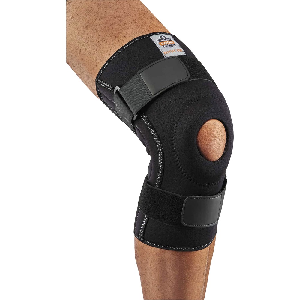 EGO16543 - Wear the 620 Single Knee Compression Sleeve with Spiral Stays on and off the jobsite for comfortable knee and joint support. Brace reduces joint pain and swelling by increasing blood flow to the knee and enhancing joint flexibility. Perforated neoprene enhances airflow to minimize sweat production under sleeve. Nonrestricting material doesn't hinder your range of motion. Foam buttress padding around the kneecap enhances comfort and support. Open patella design relieves pressure on the kneecap. Sleeve fits on either knee with its accommodating design. Wear under or over your clothes with its low-profile material and thinner back material that reduces bulk. Easily slide compression sleeve over your knee and tighten with hook-and-loop closure for a supportive fit. Knee support is created for workers, athletes or anyone needing additional support for injuries. Brace will not bother people with latex allergies thanks to the latex-free material. Machine-wash sleeve to use the next day.
