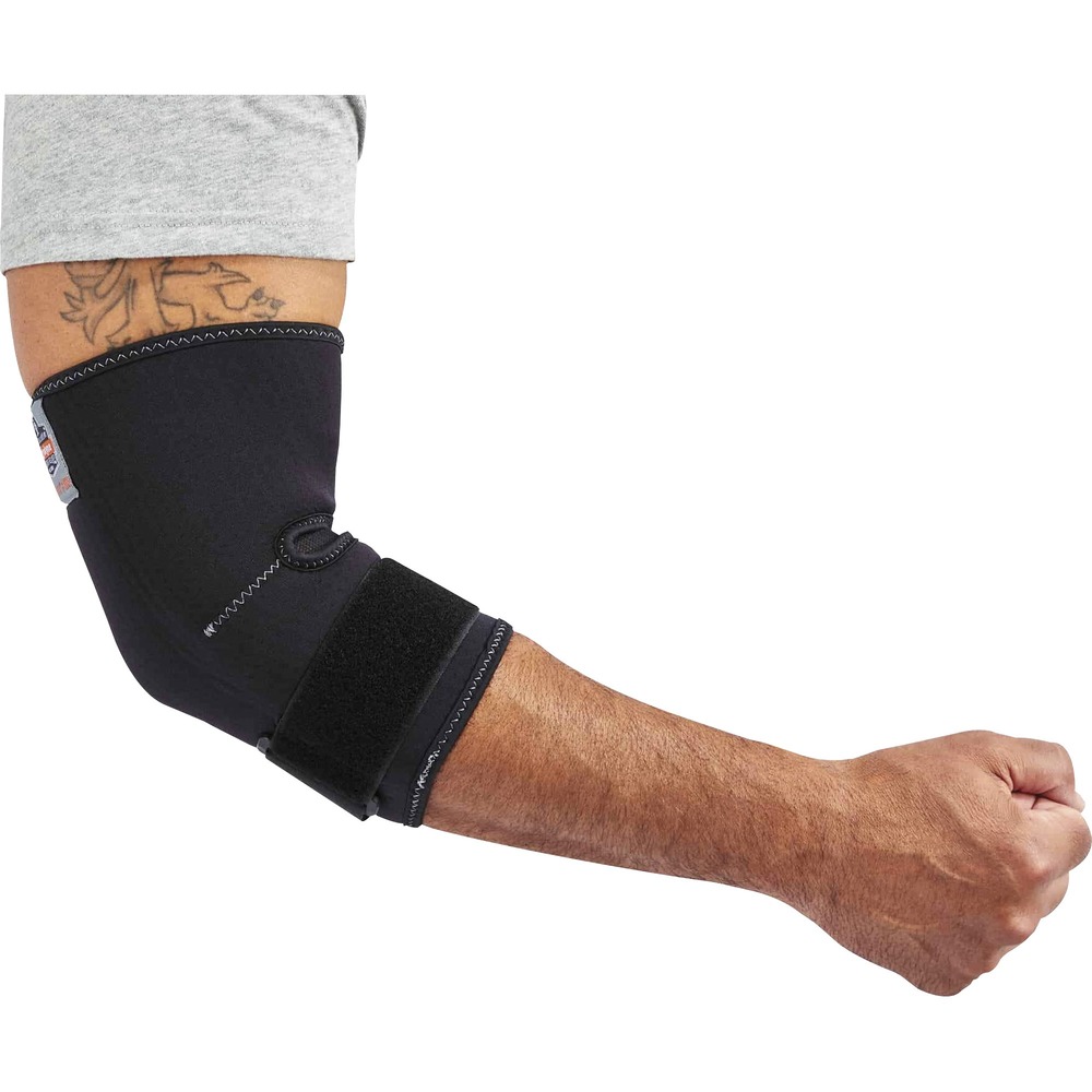 EGO16586 - Wear the 655 Elbow Sleeve with Strap on and off the jobsite for comfortable, elbow and joint support. Brace reduces joint pain and swelling by increasing blood flow to the arm and enhancing joint flexibility to accelerate injury recovery. Perforated neoprene and spandex mesh in elbow crease enhance airflow to minimize sweat production under sleeve. Compression sleeve is made of comfortable material that doesn't hinder your range of motion. Elbow support fits on either arm with its accommodating design that easily slips on and conforms to your arm size. Adjust fit and desired support with the secure, hook-and-loop strap. Layer under or over your clothes with its low-profile material. Elbow support is created for workers, athletes or anyone needing additional support for injuries. Brace will not bother people with latex allergies thanks to the latex-free material. Machine-wash sleeve to quickly use the next day.
