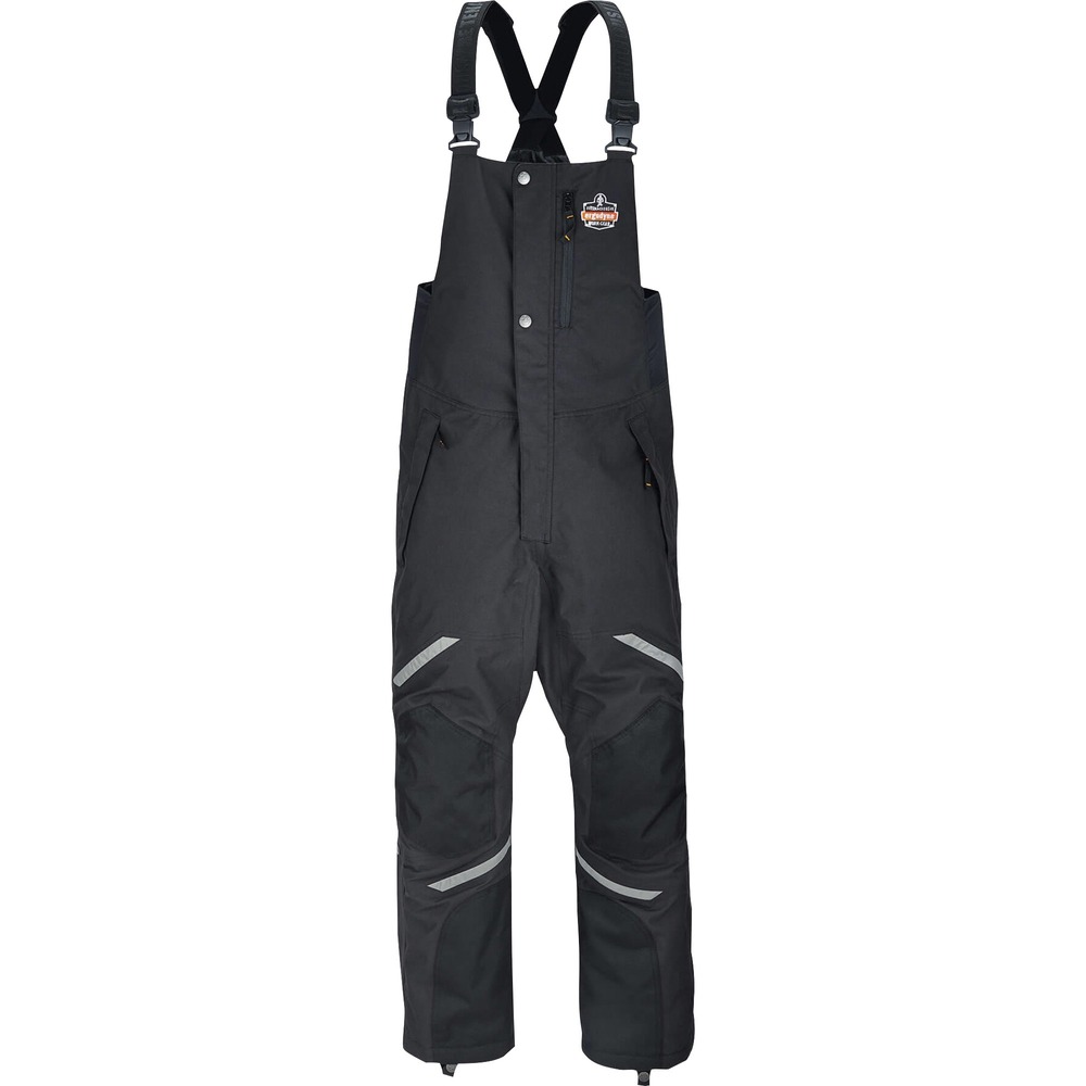 EGO41212 - 6471 Insulated Bib Overalls are designed to wear over work pants for warmth and durability in extremely cold environments. 500D polyester oxford with breathable, water-repellent coating protects from the elements. 3M Thinsulate insulation traps heat for enhanced warmth. Black material hides dirt. 1600D reinforcements in heavy wear areas hold up through the toughest work conditions. Enjoy convenient storage with one chest pocket and two side pockets. Zippers on each leg make it easy to take on/off without removing work boots. Snap closure on legs keeps snow and water out. Removable, knee and shin pads provide an extra level of security and prevent injury. Four-way stretch sides enhance comfort where you need it. Adjustable, elastic straps provide a custom fit. 3M reflective accents keep you safe and seen in low-light conditions. Work bibs are a great choice for warmth while resisting heavy wear and tear in industries such as mining, construction and manufacturing.