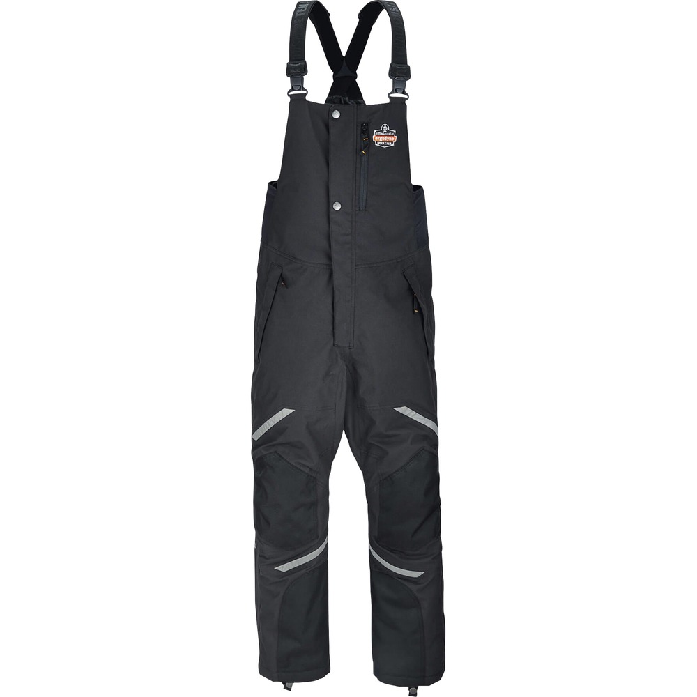 EGO41215 - 6471 Insulated Bib Overalls are designed to wear over work pants for warmth and durability in extremely cold environments. 500D polyester oxford with breathable, water-repellent coating protects from the elements. 3M Thinsulate insulation traps heat for enhanced warmth. Black material hides dirt. 1600D reinforcements in heavy wear areas hold up through the toughest work conditions. Enjoy convenient storage with one chest pocket and two side pockets. Zippers on each leg make it easy to take on/off without removing work boots. Snap closure on legs keeps snow and water out. Removable, knee and shin pads provide an extra level of security and prevent injury. Four-way stretch sides enhance comfort where you need it. Adjustable, elastic straps provide a custom fit. 3M reflective accents keep you safe and seen in low-light conditions. Work bibs are a great choice for warmth while resisting heavy wear and tear in industries such as mining, construction and manufacturing.