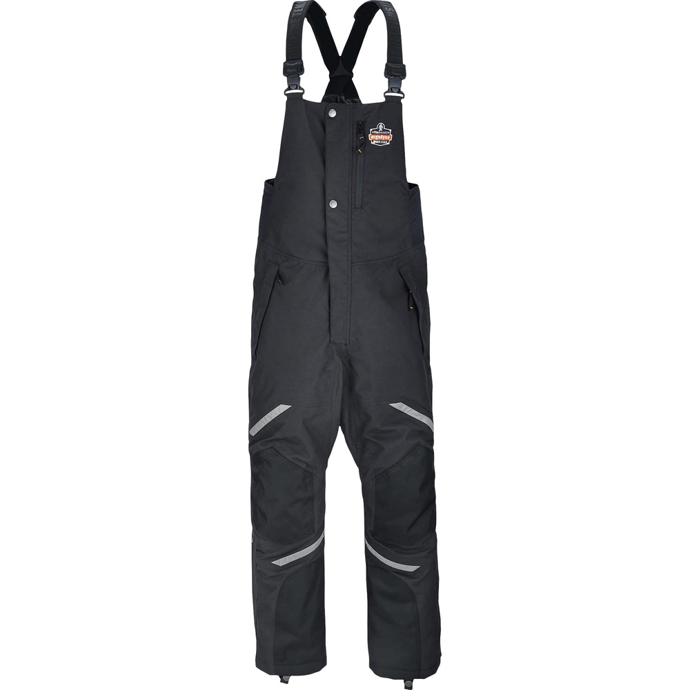 EGO41216 - 6471 Insulated Bib Overalls are designed to wear over work pants for warmth and durability in extremely cold environments. 500D polyester oxford with breathable, water-repellent coating protects from the elements. 3M Thinsulate insulation traps heat for enhanced warmth. Black material hides dirt. 1600D reinforcements in heavy wear areas hold up through the toughest work conditions. Enjoy convenient storage with one chest pocket and two side pockets. Zippers on each leg make it easy to take on/off without removing work boots. Snap closure on legs keeps snow and water out. Removable, knee and shin pads provide an extra level of security and prevent injury. Four-way stretch sides enhance comfort where you need it. Adjustable, elastic straps provide a custom fit. 3M reflective accents keep you safe and seen in low-light conditions. Work bibs are a great choice for warmth while resisting heavy wear and tear in industries such as mining, construction and manufacturing.
