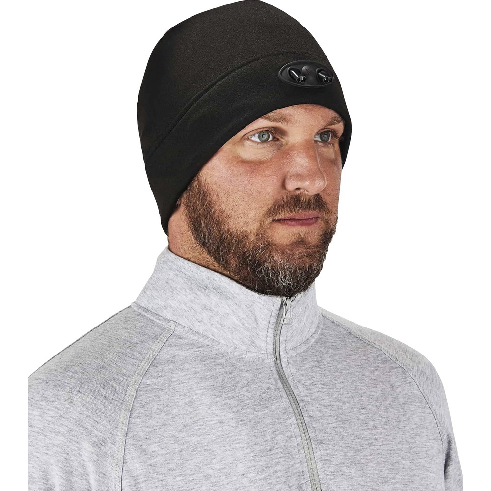 EGO16803 - 6804 Beanie Hat with LED Lights is a compression hat made with four dual-action, LED Lights. This beanie provides a hands-free lighting solution for any cold weather situation. Switch between two light settings: angled lighting for close-up, detailed tasks and out lights for distant viewing up to 72' away. Its low-profile yet powerful lighting has a runtime of 68 hours for all-day use while working. Wear this hat in cold weather with its soft, compression fleece interior that traps heat for consistent warmth throughout the day. Beanie doesn't bulk under headgear and creates a comfortable fit without excessive material. This beanie is ideal for working outside in low-light conditions such as in garages and warehouses.