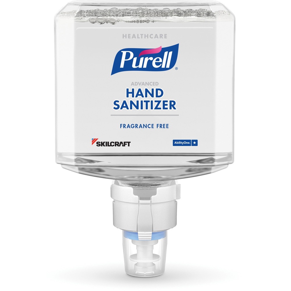 NSN6941820 - Green certified, fragrance-free, foam hand sanitizer refills are designed for PURELL ES8 Touch-Free Hand Sanitizer Dispensers for healthcare environments. Sanitizer kills more than 99.99 percent of most common germs that may cause illness in a healthcare setting. PURELL SKILCRAFT Healthcare Advanced Hand Sanitizer Gentle and Free Foam exceeds FDA healthcare personnel handwash requirements with just 1.1 ml. of product and is EcoLogo Certified to Standard Name UL 2783 as well as USDA Certified Biobased Product. It is hypoallergenic, dermatologist-tested, fragrance-free, dye-free and clinically proven to maintain skin health. Advanced, fragrance-free hand sanitizer is made with naturally renewable ethanol. It is compatible with nitrile, vinyl and latex gloves as well as Chlorihexine Gluconate. AT-A-GLANCE refill design lets you monitor soap levels with just one look. Sanitary Sealed PET refill is easily recycled.