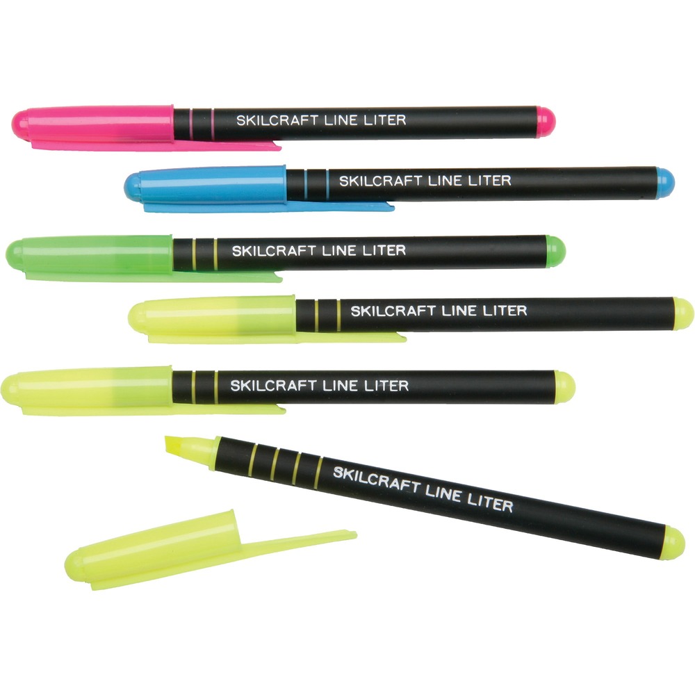 NSN4840013 - Pocket highlighters feature a rubberized barrel for ergonomic writing comfort. Design offers tube-type design and chisel point with fluorescent ink in assorted colors. Chisel tip delivers fine or medium strokes. Fluorescent highlight ink matches the cap and end plug. Each highlighter writes up to 300 meters. Set includes three yellow, one pink, one blue and one green.