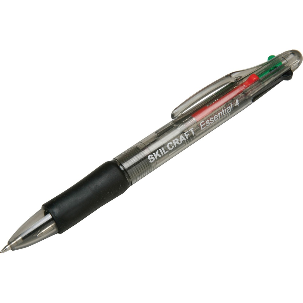NSN4536287 - Essential Four-Color Ballpoint Pen features four different ink colors in one barrel to provide multiple options to choose from within a single writing utensil. The colors can easily be changed to black, blue, green or red with a push and a click. Rubberized barrel provides a comfortable grip to help prevent hand fatigue through extended periods of writing.