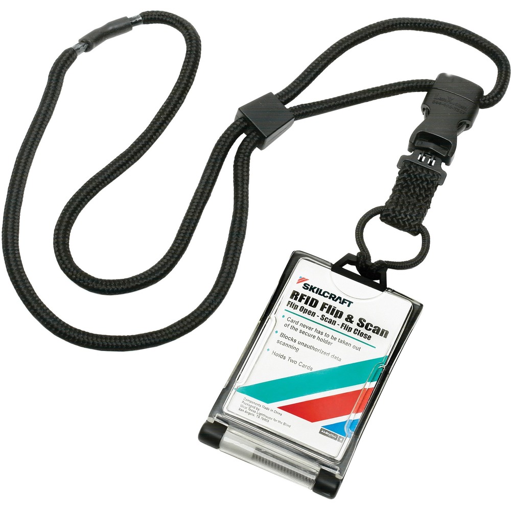 NSN6926543 - Dual card holder with closed face provides RFID protection for your credentials. Use the attached cord-style lanyard to keep your identification handy. Design includes a removal braided loop, safety breakaway, cord adjuster and side-release buckle. Black neck lanyard measures 36" x 1/4".