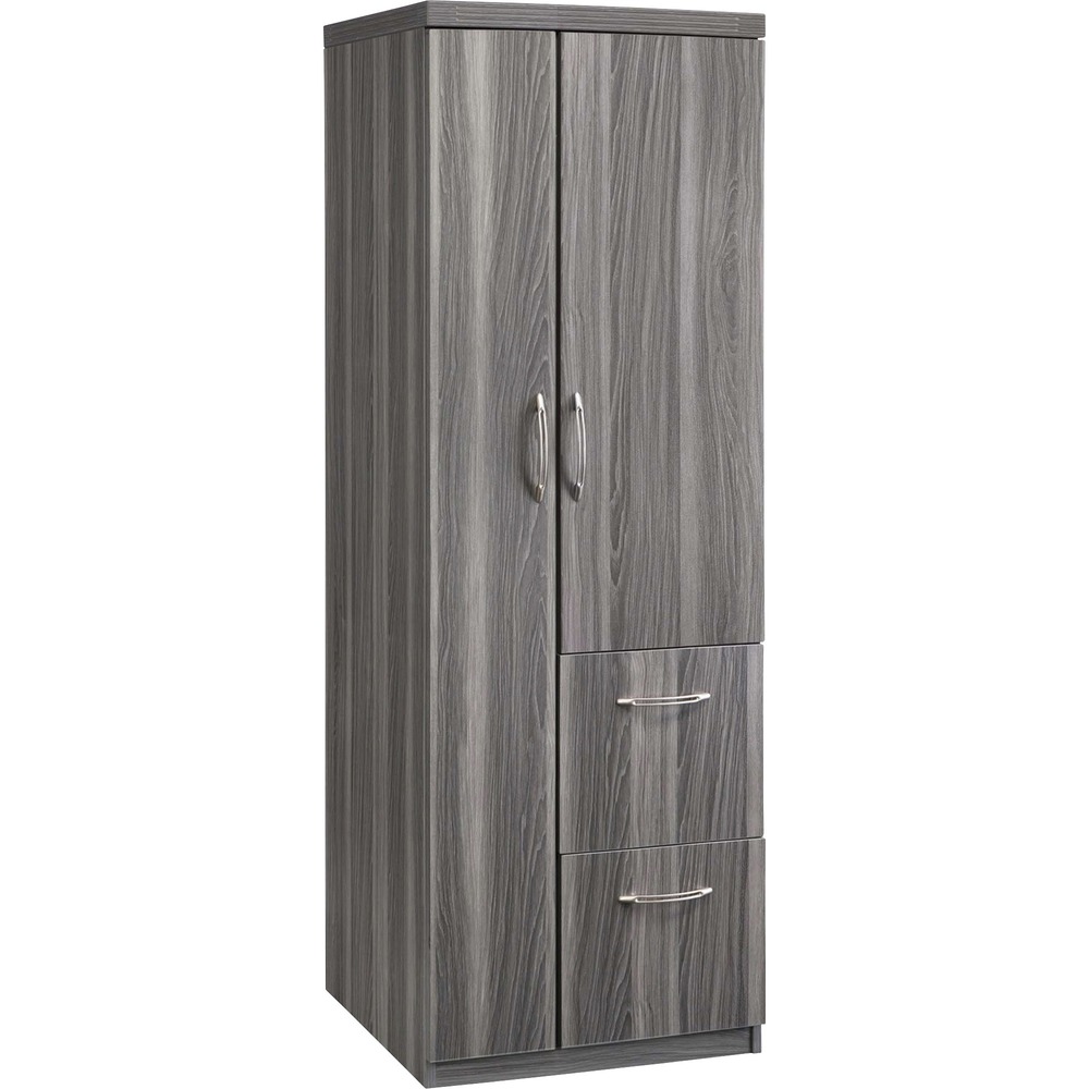 SAFAPSTLGS - Personal Storage Tower is part of the Aberdeen Series that brings genuine business practicality to every environment. Each quality piece balances the look of the wood with the performance of laminate. Tower includes a 7-3/4" wardrobe section with a hanging rod and four adjustable shelves. Storage section includes two adjustable shelves on 1-1/4" increments with a total of 5" of adjustment. File section includes two file drawers with curved metal pulls that feature a brushed nickel finish. Doors are made of manufactured wood. Tower is made of furniture-grade, medium-density fiberboard. Storage tower coordinates with Aberdeen Conference and Reception for a cohesive and professional look.