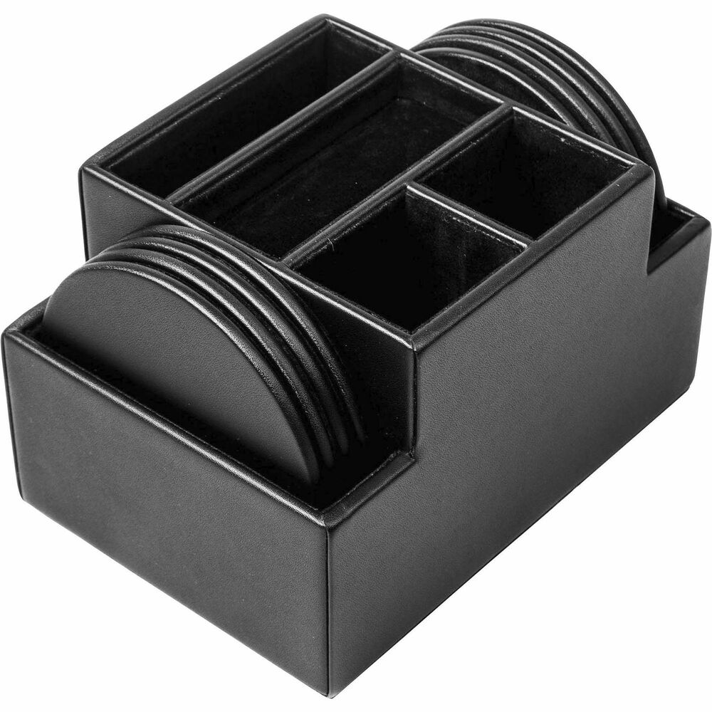 DACA1058 - Top-Grain Leather Round Coaster Set with holder features multiple compartments to hold more than just coasters. Center compartments are perfect for small stationary items, including paper clips, pens, sticky notes and more. The interior compartments and bottom are lined with soft velveteen to prevent scuffs and scratches. Wrapped-edge design offers greater durability for lasting use. Coaster set includes eight round coasters.