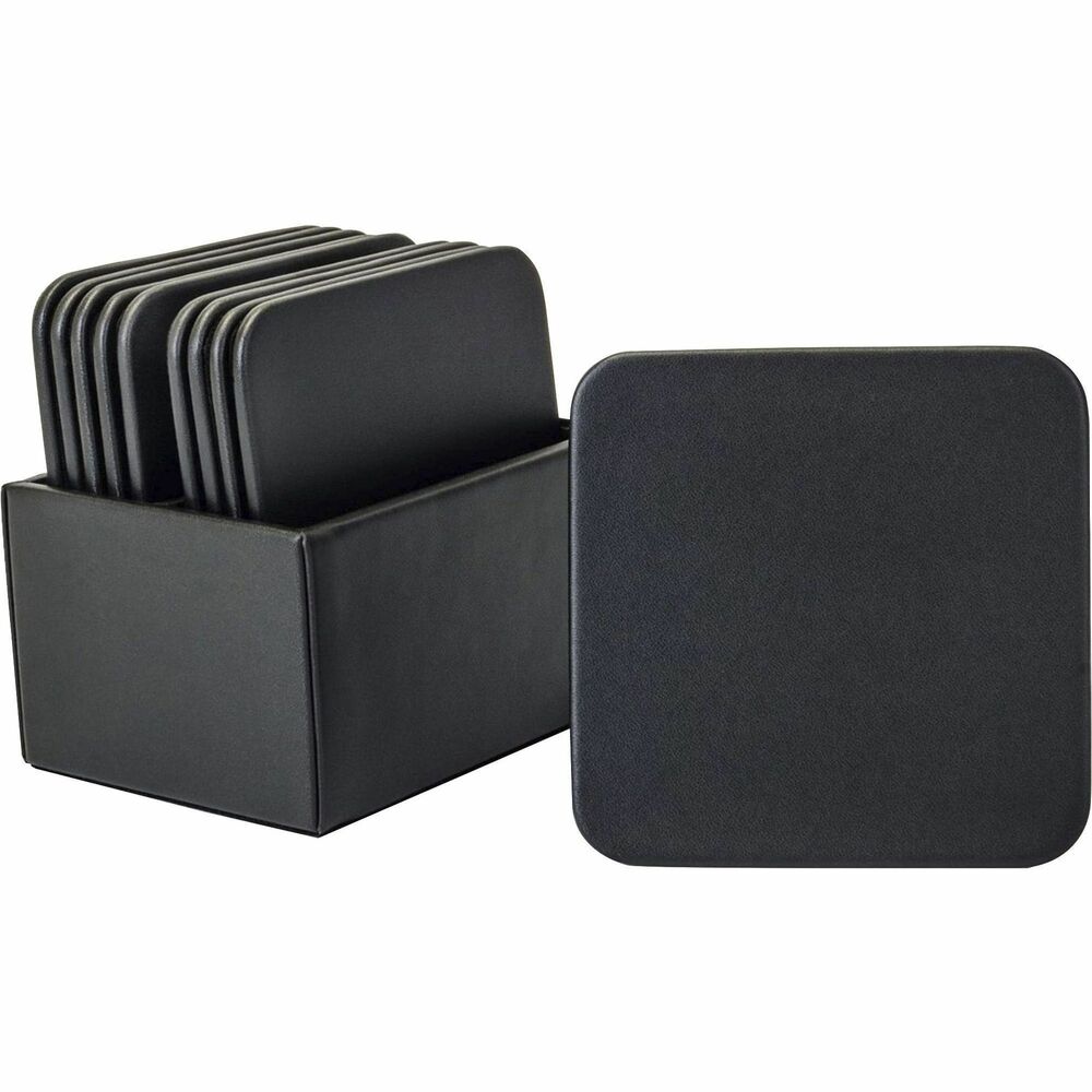 DACA1043 - Chocolate Black Leather Coaster Set features two separate compartments to organize the 10 square coasters. Top-grain leather adds professional style to any work space. The bottom is lined with soft velveteen to protect surfaces from scuffs and scratches. Versatile holder can hold either round or square coasters.