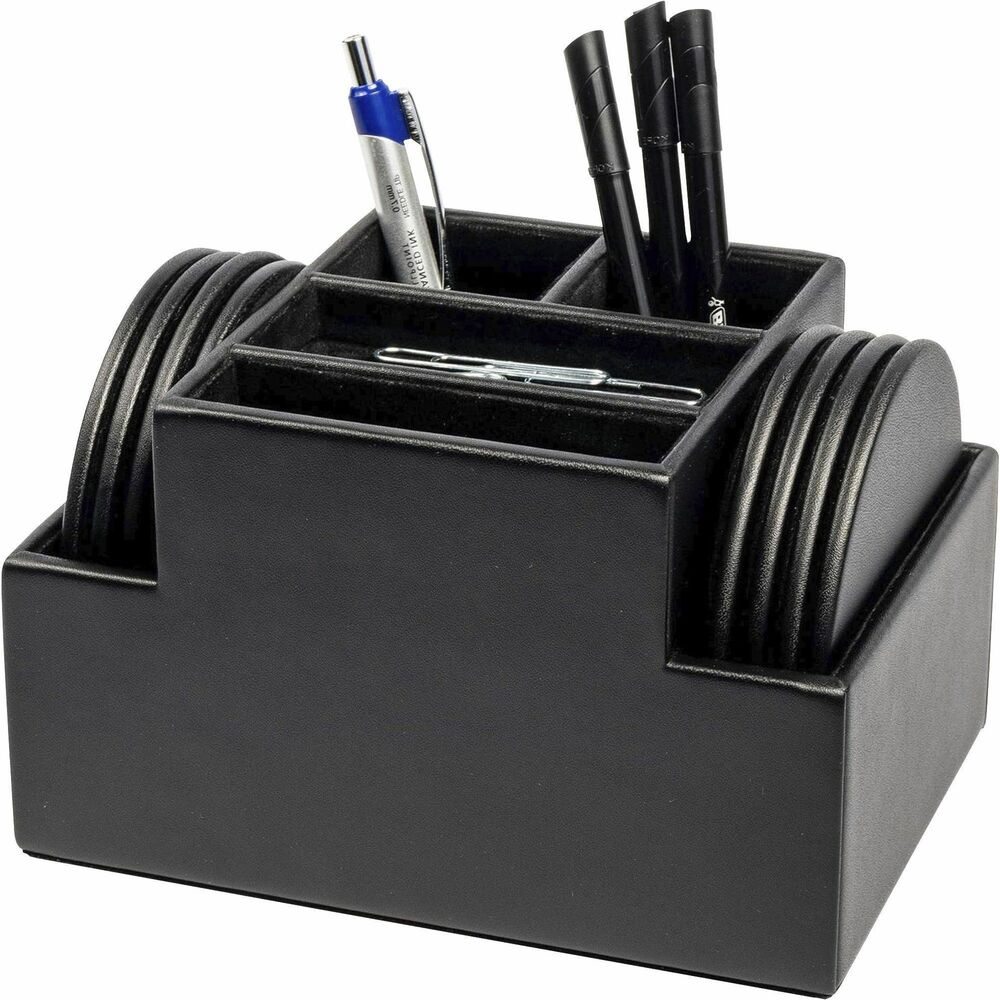 DACA1358 - Round Coaster Set Holder features multiple compartments to hold more than just coasters. Center compartments are perfect for small stationary items, including paper clips, pens, sticky notes and more. The interior compartments and bottom are lined with soft velveteen to prevent scuffs and scratches. Wrapped-edge design offers greater durability for lasting use. faux-leather body gives you the style and look of leather in a cost-efficient design.