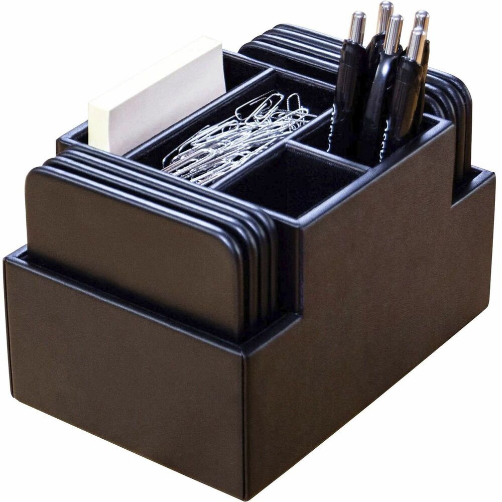 DACA1359 - Square Coaster Set Holder features multiple compartments to hold more than just coasters. Center compartments are perfect for small stationary items, including paper clips, pens, sticky notes and more. The interior compartments and bottom are lined with soft velveteen to prevent scuffs and scratches. Wrapped-edge design offers greater durability for lasting use. faux-leather body gives you the style and look of leather in a cost-efficient design.