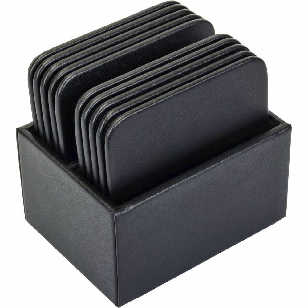 DACA1343 - Square Coaster Set features two separate compartments to organize the 10 square coasters. faux-leather body gives you the style and look of leather in a cost-efficient design. The bottom is lined with soft velveteen to protect surfaces from scuffs and scratches. Versatile holder can hold either round or square coasters.