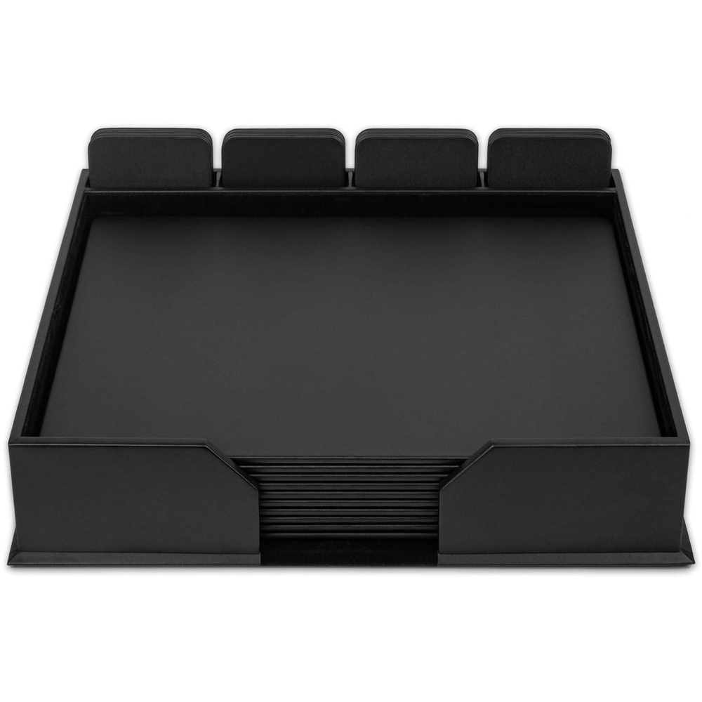 DACD1050 - 23-Piece Conference Room Set features 10 conference pads and 12 square coasters to give each of your meeting participants their own space. Faux-leather exterior provides a professional look in a cost-efficient design. The pads and coasters are constructed with a rigid core for maximum durability. Pad holder keeps everything together and can be stored in the center of the table for quick access. The bottom of the pad holder, pads and coasters is lined with soft velveteen to protect surfaces from scuffs and scratches.