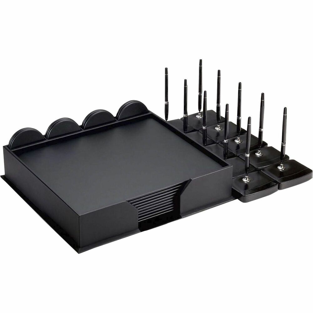 DACD1061 - 33-Piece Conference Room Set features 10 conference pads, 12 round coasters and 10 pen stands to give each of your meeting participants their own space. Faux-leather exterior provides a professional look in a cost-efficient design. Pad holder keeps the pads and coasters neatly organized. Plus, it can be stored in the center of the table for quick access. The bottom of the pad holder, pads and coasters is lined with soft velveteen to protect surfaces from scuffs and scratches.