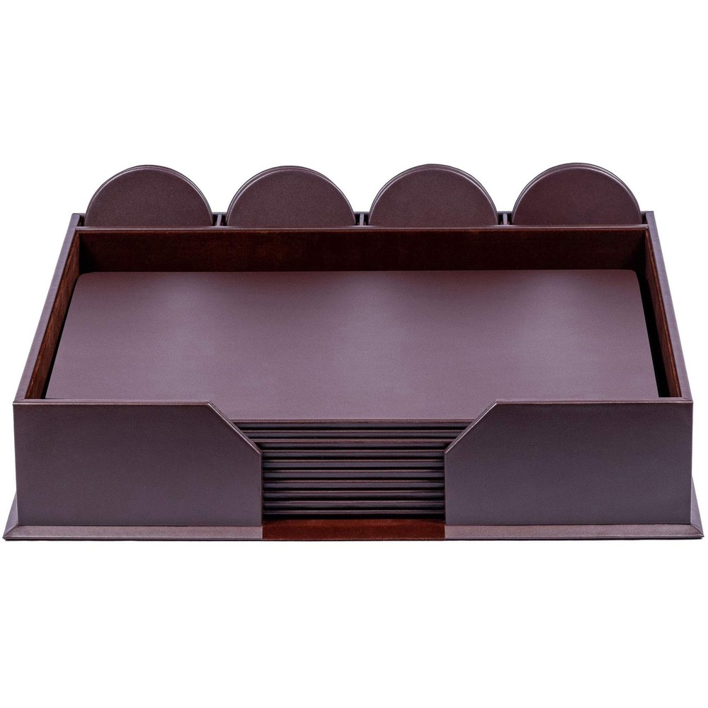 DACD3451 - 23-Piece Conference Room Set features 10 conference pads and 12 round coasters to give each of your meeting participants their own space. Faux-leather exterior provides a professional look in a cost-efficient design. The pads and coasters are constructed with a rigid core for maximum durability. Pad holder keeps everything together and can be stored in the center of the table for quick access. The bottom of the pad holder, pads and coasters is lined with soft velveteen to protect surfaces from scuffs and scratches.