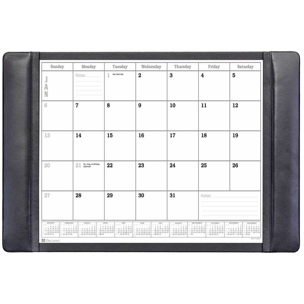 DACP1040 - Desk Pad features a calendar insert pack to keep you on schedule throughout the year. Monthly insert pack comes with 12 individual sheets with all of the major holidays labeled. It holds all 12 sheets so changing months is as easy as pulling off the top sheet. Notes section in the lower corner of each sheet offers a handy space to write down important reminders. Top-grain leather adds professional style to any work space. The bottom is lined with soft velveteen to protect surfaces from scuffs and scratches. Monthly inserts range 12 months from January to December.