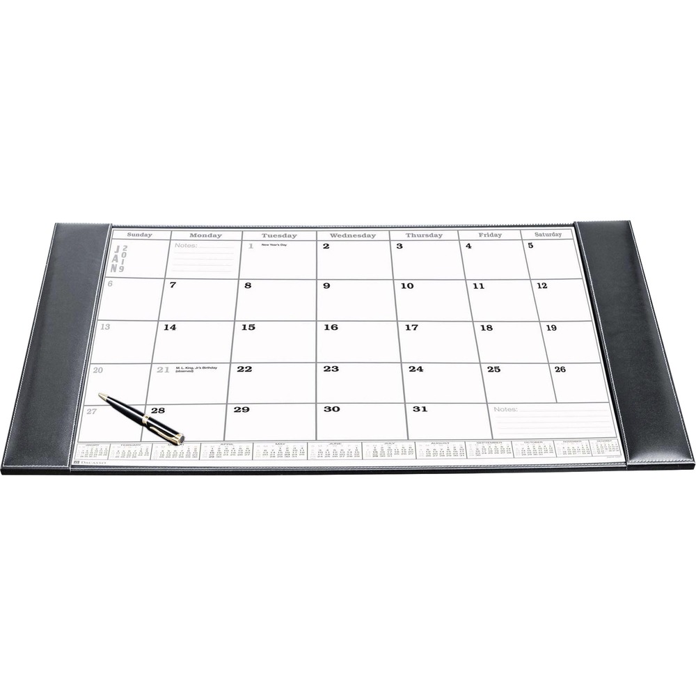 DACP1250 - Rustic Desk Pad features a calendar insert pack to keep you on schedule throughout the year. Monthly insert pack comes with 12 individual sheets with all of the major holidays labeled. It holds all 12 sheets so changing months is as easy as pulling off the top sheet. Notes section in the lower corner of each sheet offers a handy space to write down important reminders. Top-grain leather adds professional style to any work space. The bottom is lined with soft velveteen to protect surfaces from scuffs and scratches. Monthly inserts range 12 months from January to December.