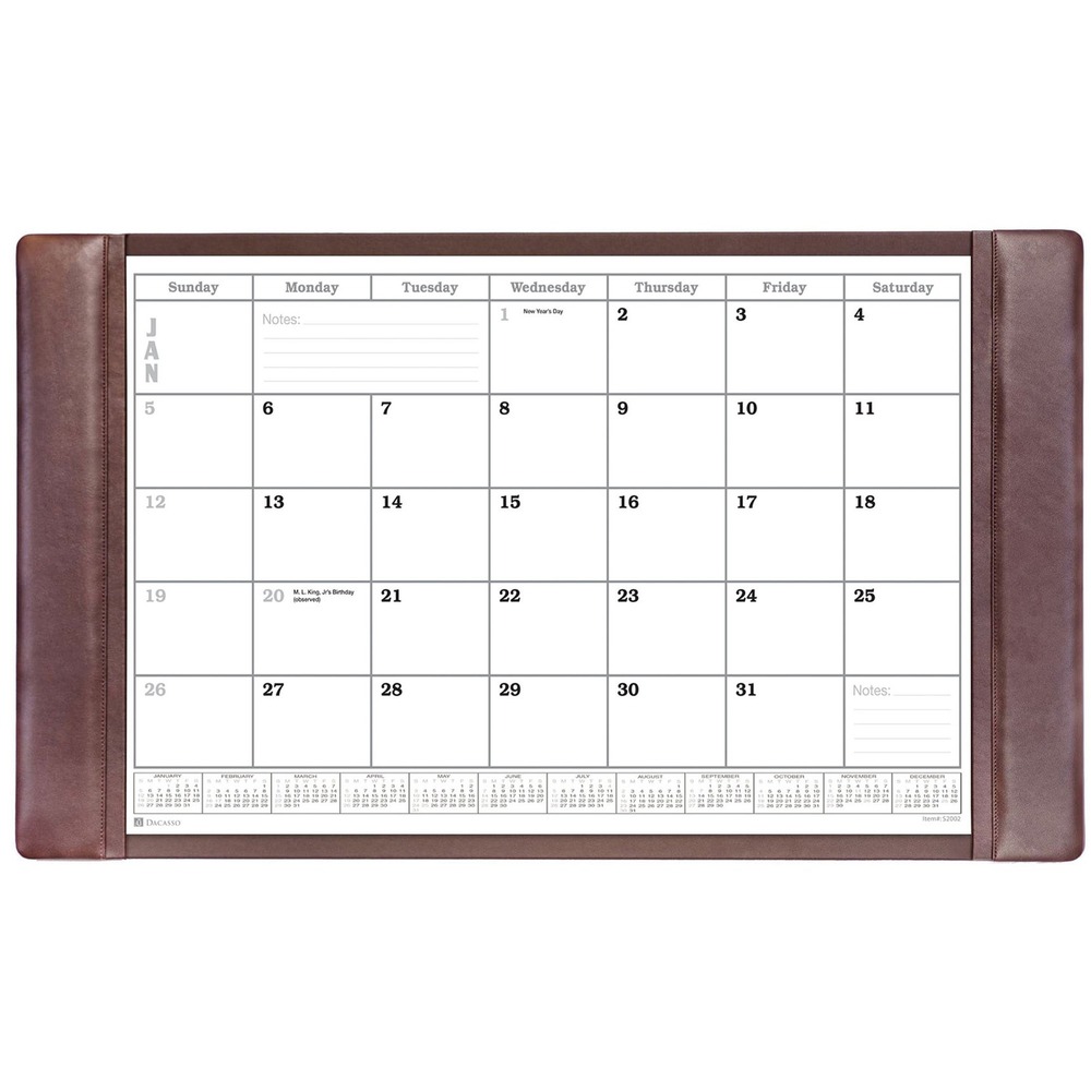 DACP3450 - Desk Pad features a calendar insert pack to keep you on schedule throughout the year. Monthly insert pack comes with 12 individual sheets with all of the major holidays labeled. It holds all 12 sheets so changing months is as easy as pulling off the top sheet. Notes section in the lower corner of each sheet offers a handy space to write down important reminders. Top-grain leather adds professional style to any work space. The bottom is lined with soft velveteen to protect surfaces from scuffs and scratches. Monthly inserts range 12 months from January to December.