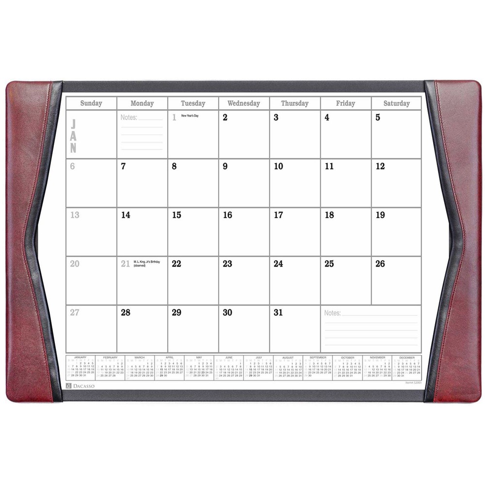 DACP7040 - Desk Pad features leather rails with accent trims on each side to enhance the look of your office. Calendar insert pack keeps you on schedule throughout the year. It comes with 12 individual sheets with all of the major holidays labeled. It holds all 12 sheets so changing months is as easy as pulling off the top sheet. Notes section in the lower corner of each sheet offers a handy space to write down important reminders. Top-grain leather adds professional style to any work space. The bottom is lined with soft velveteen to protect surfaces from scuffs and scratches. Monthly inserts range 12 months from January to December.