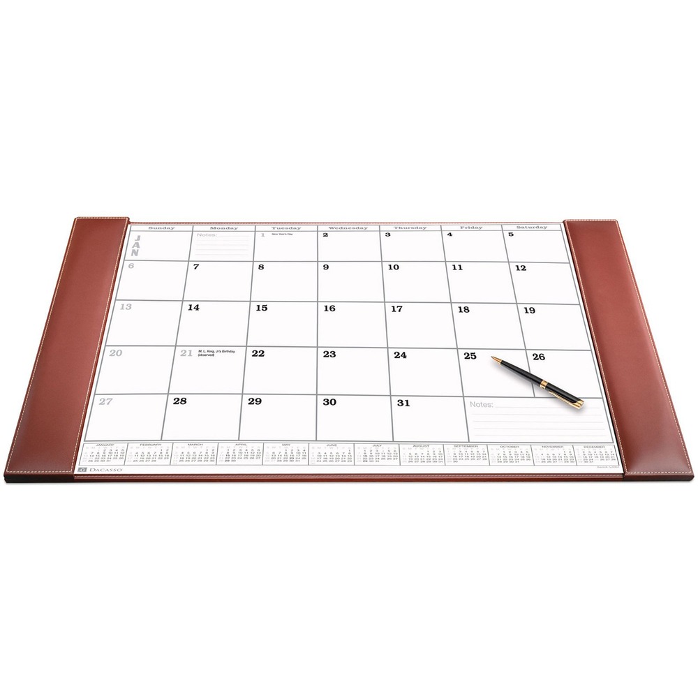 DACP3250 - Rustic Desk Pad features a calendar insert pack to keep you on schedule throughout the year. Monthly insert pack comes with 12 individual sheets with all of the major holidays labeled. It holds all 12 sheets so changing months is as easy as pulling off the top sheet. Notes section in the lower corner of each sheet offers a handy space to write down important reminders. Top-grain leather adds professional style to any work space. The bottom is lined with soft velveteen to protect surfaces from scuffs and scratches. Monthly inserts range 12 months from January to December.