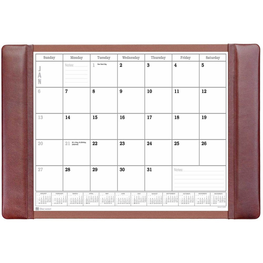 DACP3040 - Desk Pad features a calendar insert pack to keep you on schedule throughout the year. Monthly insert pack comes with 12 individual sheets with all of the major holidays labeled. It holds all 12 sheets so changing months is as easy as pulling off the top sheet. Notes section in the lower corner of each sheet offers a handy space to write down important reminders. Top-grain leather adds professional style to any work space. The bottom is lined with soft velveteen to protect surfaces from scuffs and scratches. Monthly inserts range 12 months from January to December.