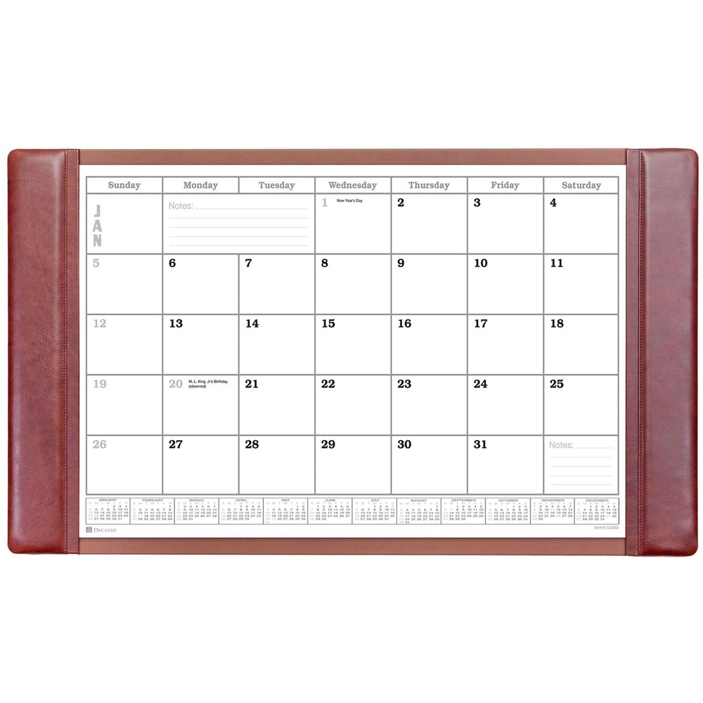 DACP3050 - Desk Pad features a calendar insert pack to keep you on schedule throughout the year. Monthly insert pack comes with 12 individual sheets with all of the major holidays labeled. It holds all 12 sheets so changing months is as easy as pulling off the top sheet. Notes section in the lower corner of each sheet offers a handy space to write down important reminders. Top-grain leather adds professional style to any work space. The bottom is lined with soft velveteen to protect surfaces from scuffs and scratches. Monthly inserts range 12 months from January to December.
