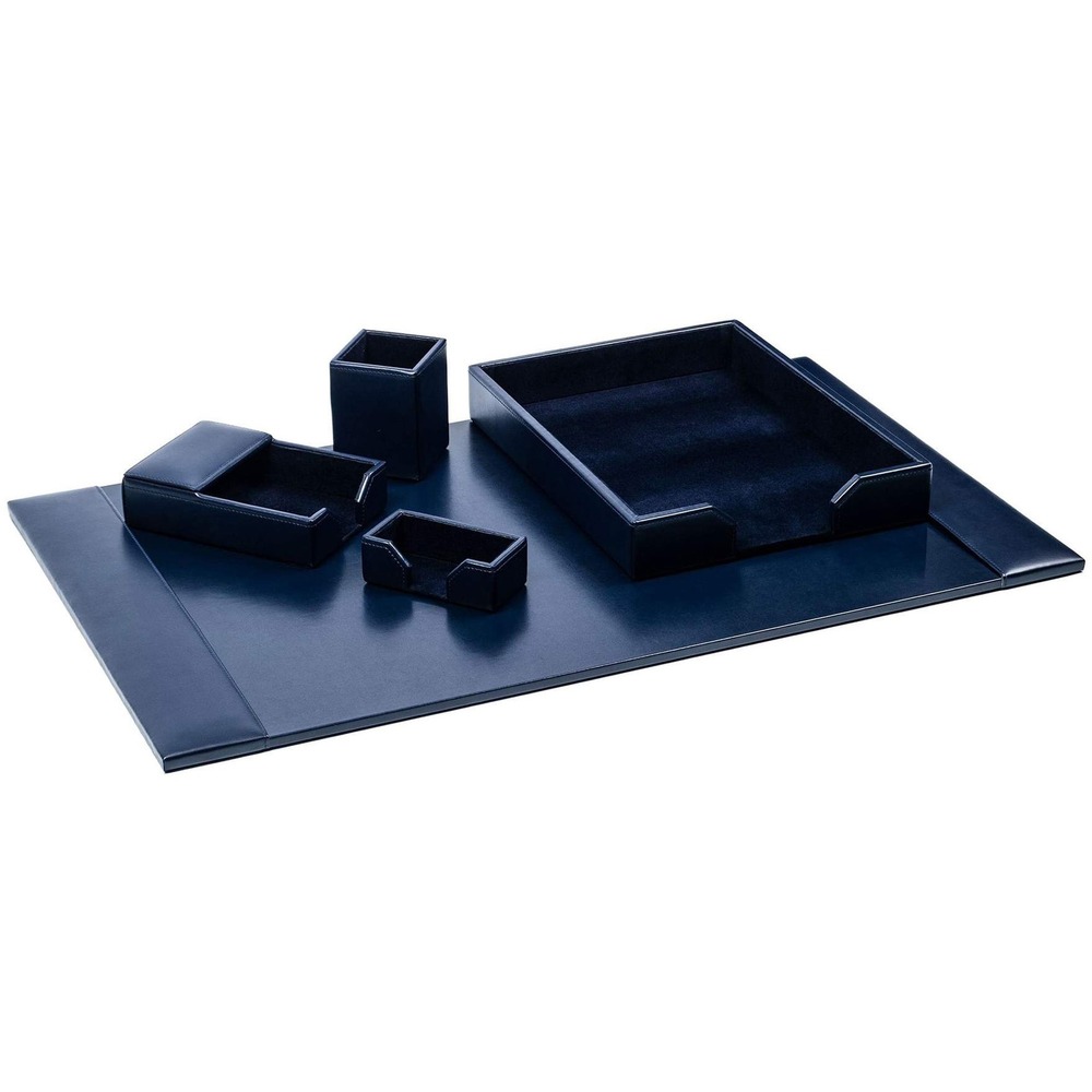 DACD5002 - Five-Piece Desk Set features an assortment of durable supplies to help you work efficiently throughout the day. Top-grain leather adds professional style to any work space. Soft velveteen protects surfaces from scuffs and scratches. Desk set includes a desk pad, letter-size tray, pencil cup, memo holder and business card holder.