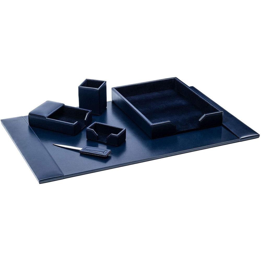 DACD5001 - Six-Piece Desk Set features an assortment of durable supplies to help you work efficiently throughout the day. Top-grain leather adds professional style to any work space. Soft velveteen protects surfaces from scuffs and scratches. Desk set includes a desk pad, letter-size tray, pencil cup, memo holder, business card holder and letter opener.