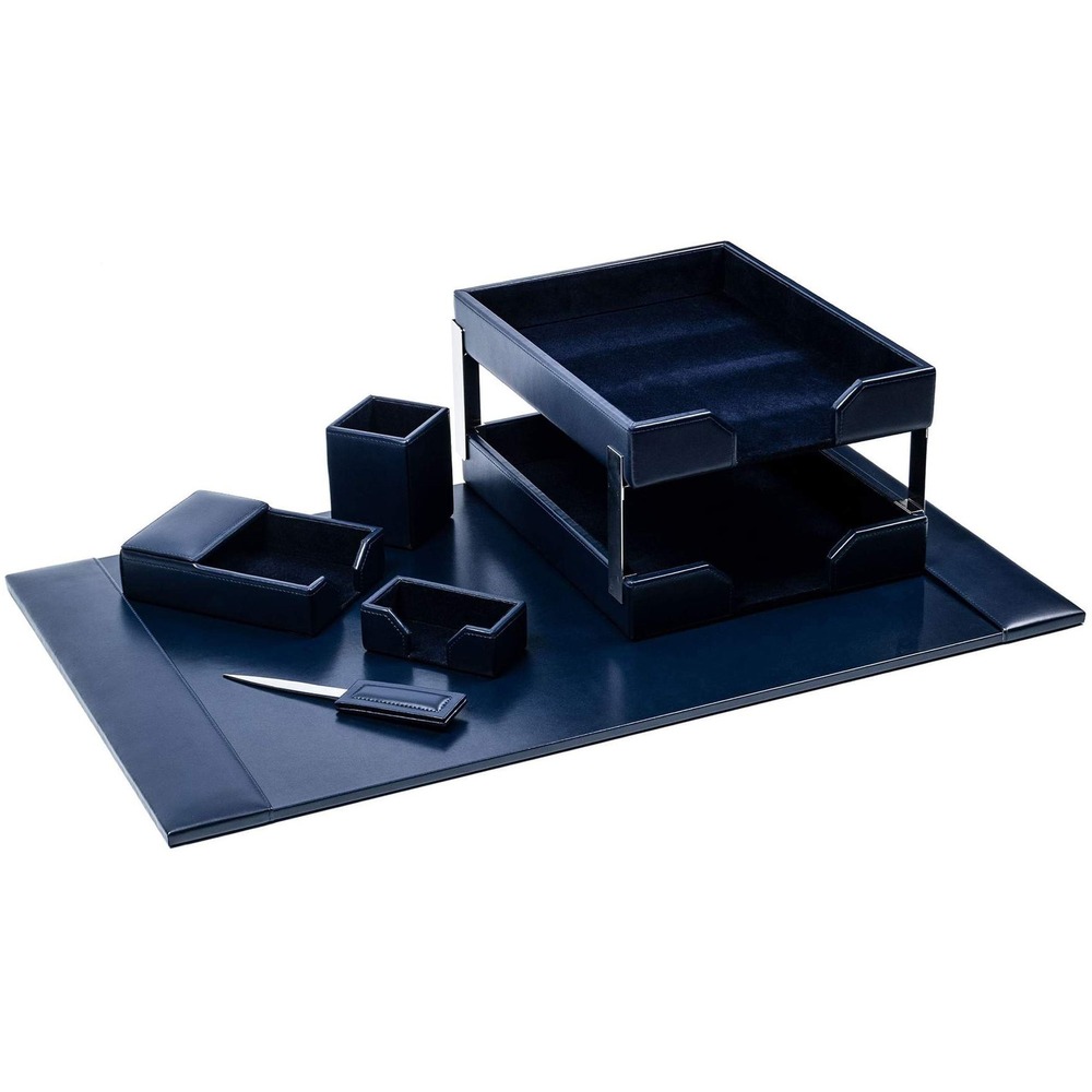 DACD5003 - Eight-Piece Desk Set features an assortment of durable supplies to help you work efficiently throughout the day. Top-grain leather adds professional style to any work space. Soft velveteen protects surfaces from scuffs and scratches. Desk set includes a desk pad, two letter-size trays, stacking tray posts, pencil cup, memo holder, business card holder and letter opener.