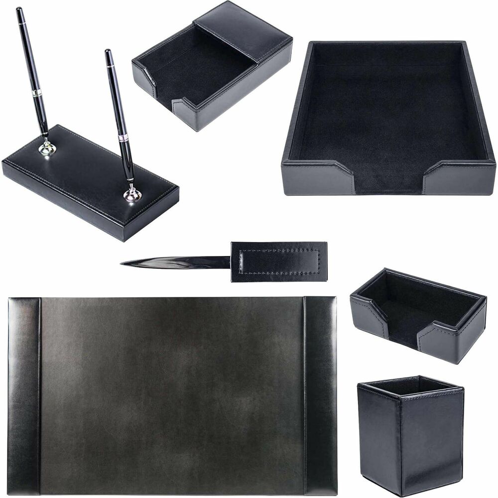 DACD1408 - Seven-Piece Desk Set features an assortment of durable supplies to help you work efficiently throughout the day. Top-grain leather adds professional style to any work space. Soft velveteen protects surfaces from scuffs and scratches. Desk set includes a desk pad, letter-size tray, pencil cup, memo holder, business card holder, letter opener and double pen stand.