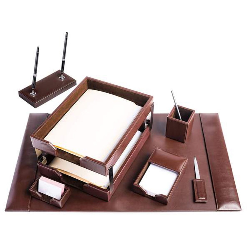 DACD3609 - Nine-Piece Desk Set features an assortment of durable supplies to help you work efficiently throughout the day. Top-grain leather adds professional style to any work space. Soft velveteen protects surfaces from scuffs and scratches. Desk set includes a desk pad, two letter-size trays, stacking tray posts, pencil cup, memo holder, business card holder, letter opener and double pen stand.
