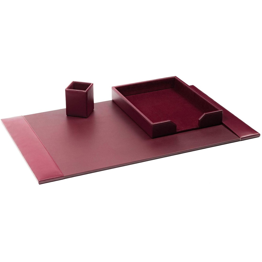 DACD5237 - Three-Piece Desk Set features an assortment of durable supplies to help you work efficiently throughout the day. Top-grain leather adds professional style to any work space. Soft velveteen protects surfaces from scuffs and scratches. Desk set includes a desk pad, letter-size tray and pencil cup.
