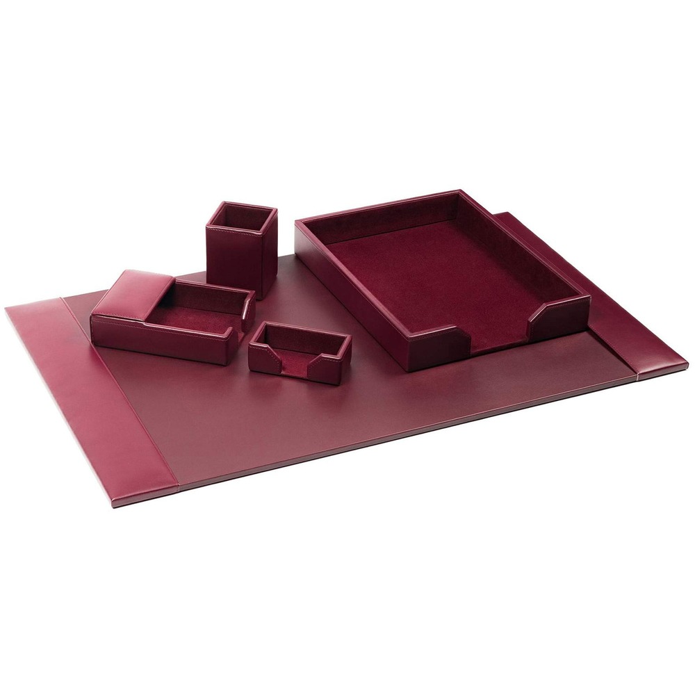 DACD5202 - Five-Piece Desk Set features an assortment of durable supplies to help you work efficiently throughout the day. Top-grain leather adds professional style to any work space. Soft velveteen protects surfaces from scuffs and scratches. Desk set includes a desk pad, letter-size tray, pencil cup, memo holder and business card holder.