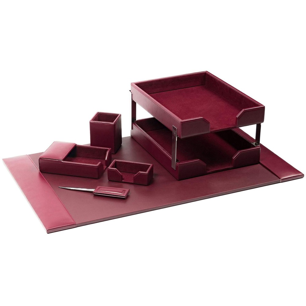 DACD5203 - Eight-Piece Desk Set features an assortment of durable supplies to help you work efficiently throughout the day. Top-grain leather adds professional style to any work space. Soft velveteen protects surfaces from scuffs and scratches. Desk set includes a desk pad, two letter-size trays, stacking tray posts, pencil cup, memo holder, business card holder and letter opener.