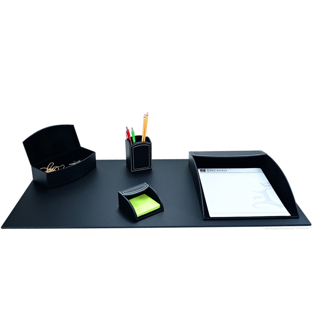 DACK6302 - Five-Piece Desk Accessory Set brings organization and a touch of visual charm to your home or office. PU leather provides a professional look in a cost-efficient design. Soft velveteen protects surfaces from scuffs and scratches. Desk set includes a desk pad, hinged supply box, pencil cup, sticky note holder and letter-size tray.